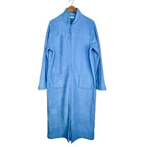 LL Bean Fleece Robe Size Large Full Zip Long Plush Winter Arctic Blue Pockets